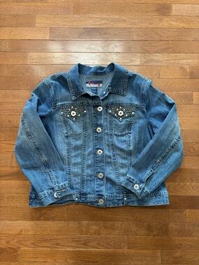 Vintage Y2K Embellished Trucker Denim Jacket with Gemstones and Studs
